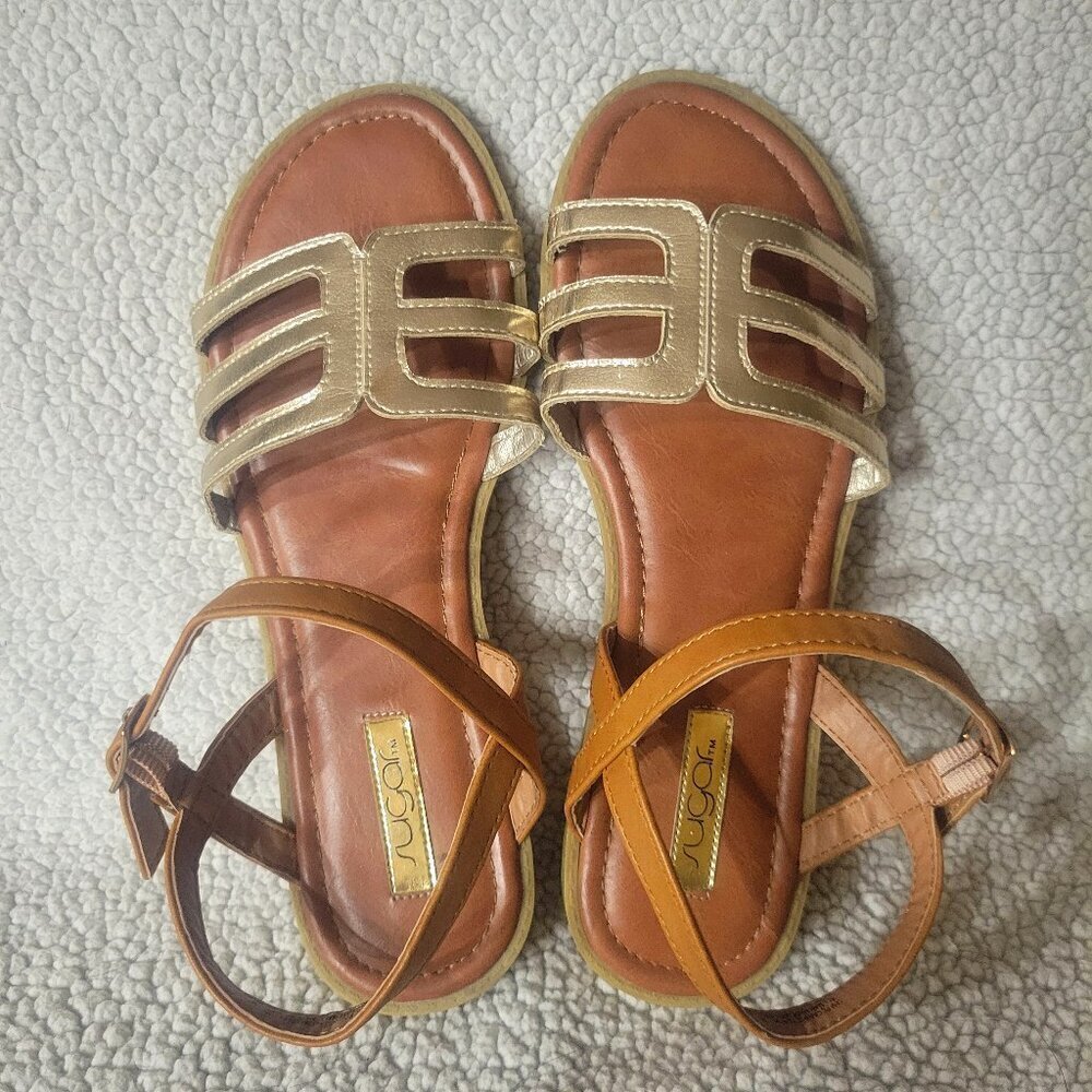 Sugar Metallic Gold Flat Strappy Summer Sandals - Size Big Girls 4 (5.5 wmns)
